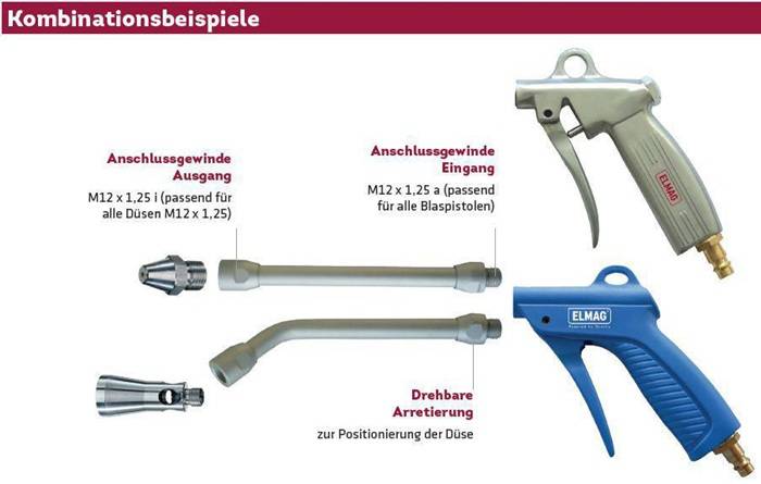 Ausblaspistole Arbeitsdruck 2-6bar PA Normal- u. Verlängerungsdüse 165mm SB