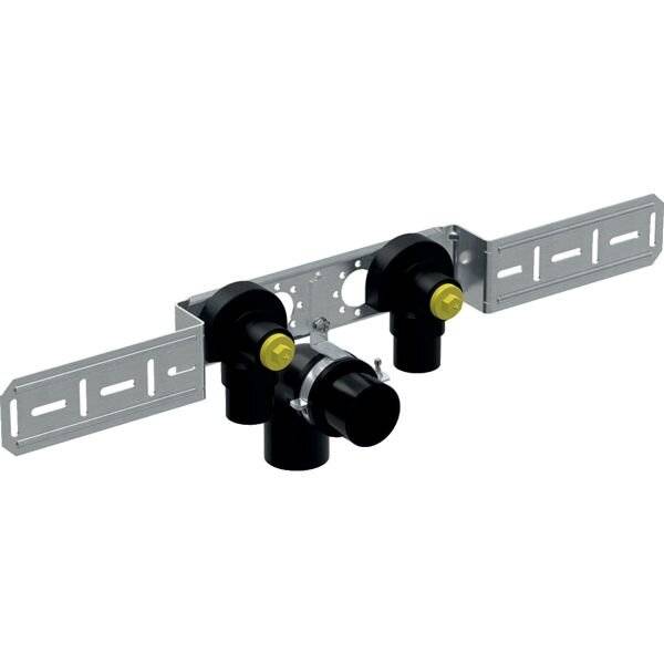 Geberit FlowFit Anschlusswinkel 90 Grad vormontiert, zweifach, abgesetzt, Ablaufrohrschelle D 20mm, Rp 1/2", L1 5,2cm,