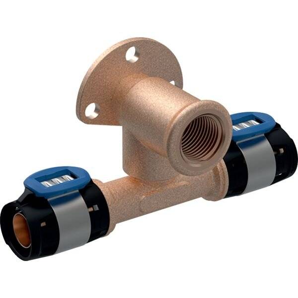 Geberit FlowFit T-Anschlusswinkel 90 Grad abgesetzt, D 20mm, Rp 1/2", D1 Länge 3,6cm, Rotguss bleifrei