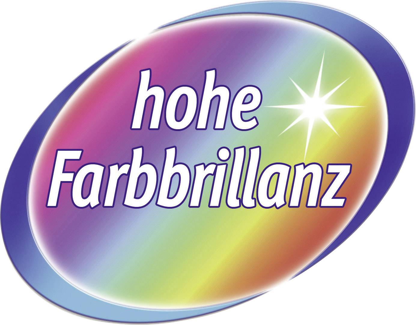 Ein ovales Logo mit Regenbogenverlauf und einem strahlenden Stern. Im Zentrum steht der Text 'hohe Farbbrillanz'.
