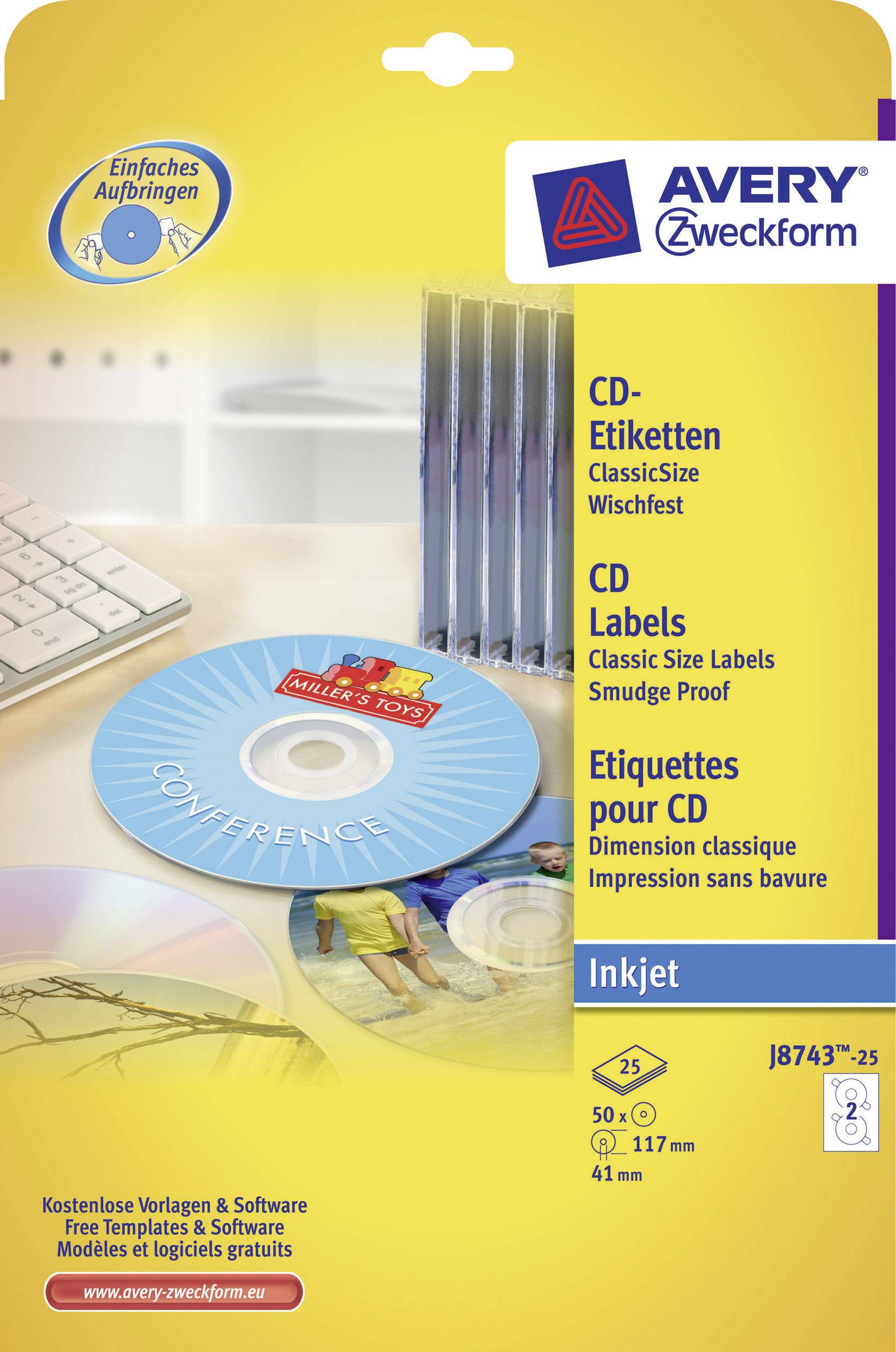 Avery Zweckform CD-Etiketten J8743-25, Classic Size, 50 Etiketten, Tintenstrahl, weiß, permanent