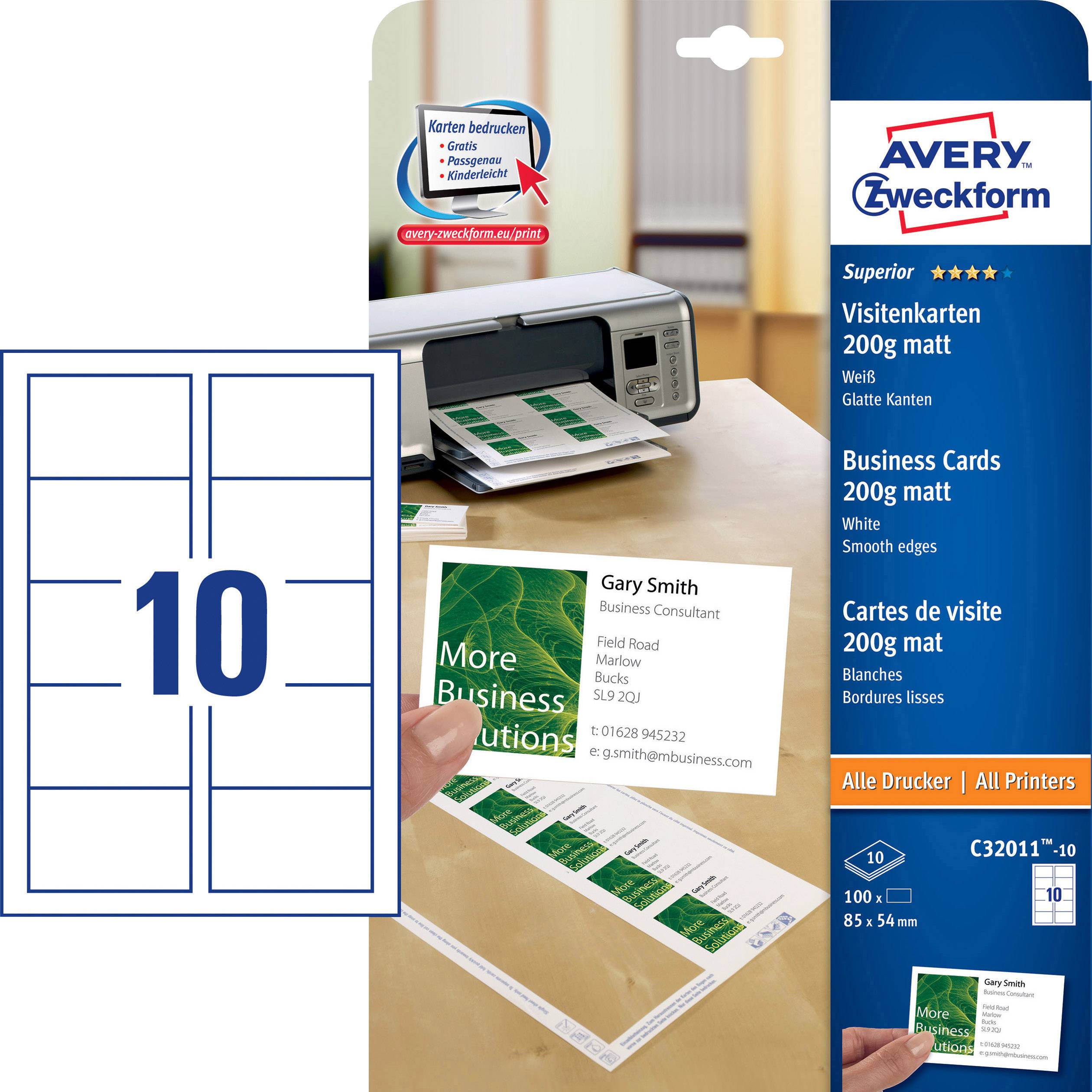 Avery-Zweckform C32011-10 Bedruckbare Visitenkarten, glatte Kanten 85 x 54 mm Weiß 100 St. Papierfo