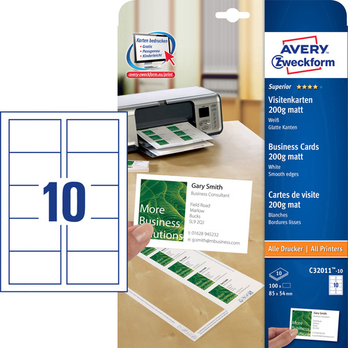 Avery-Zweckform C32011-10 Bedruckbare Visitenkarten, glatte Kanten 85 x 54mm Weiß 100 St. Papierformat: DIN A4