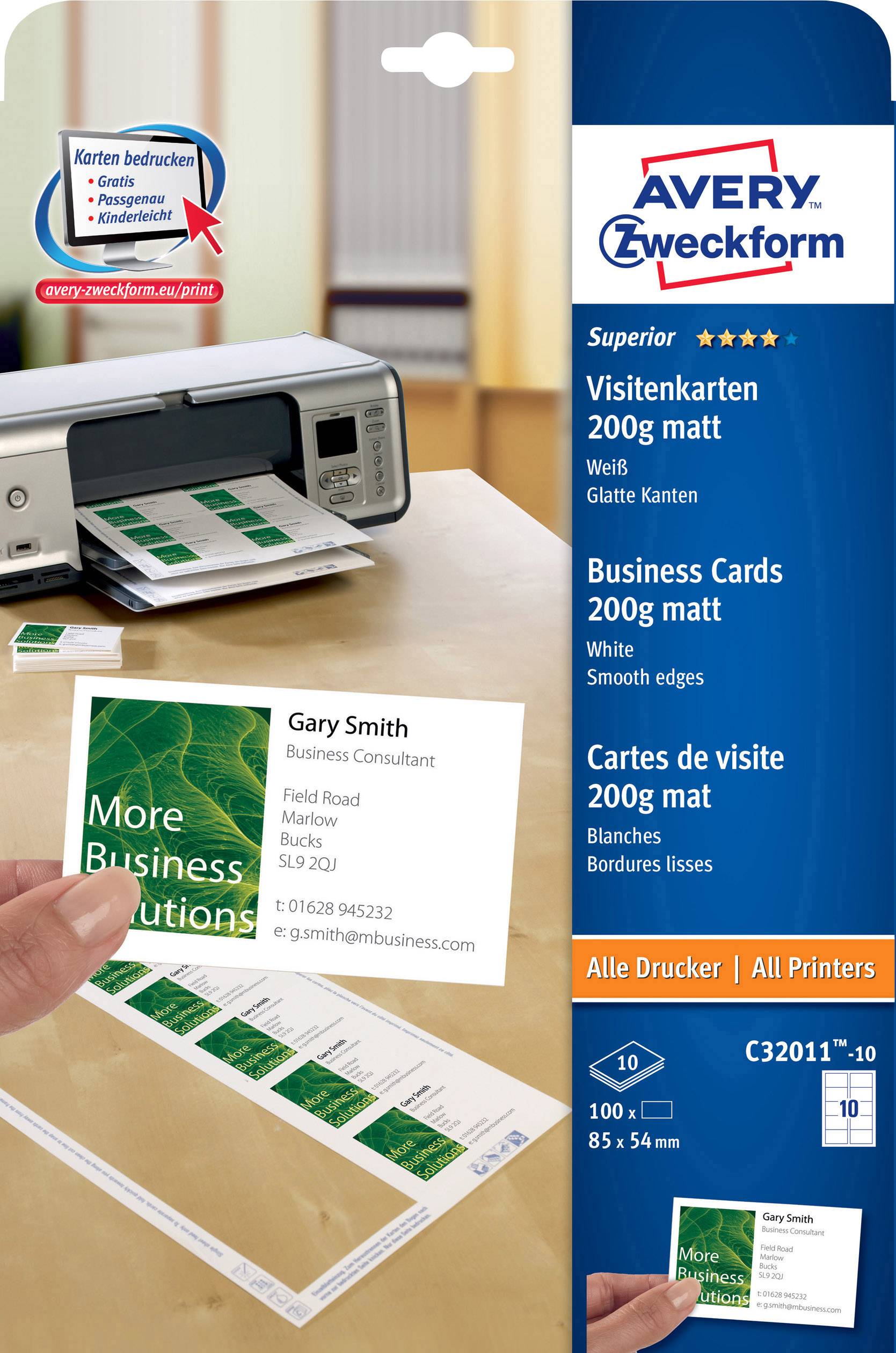 Avery-Zweckform C32011-10 Bedruckbare Visitenkarten, glatte Kanten 85 x 54 mm Weiß 100 St. Papierformat: DIN A4