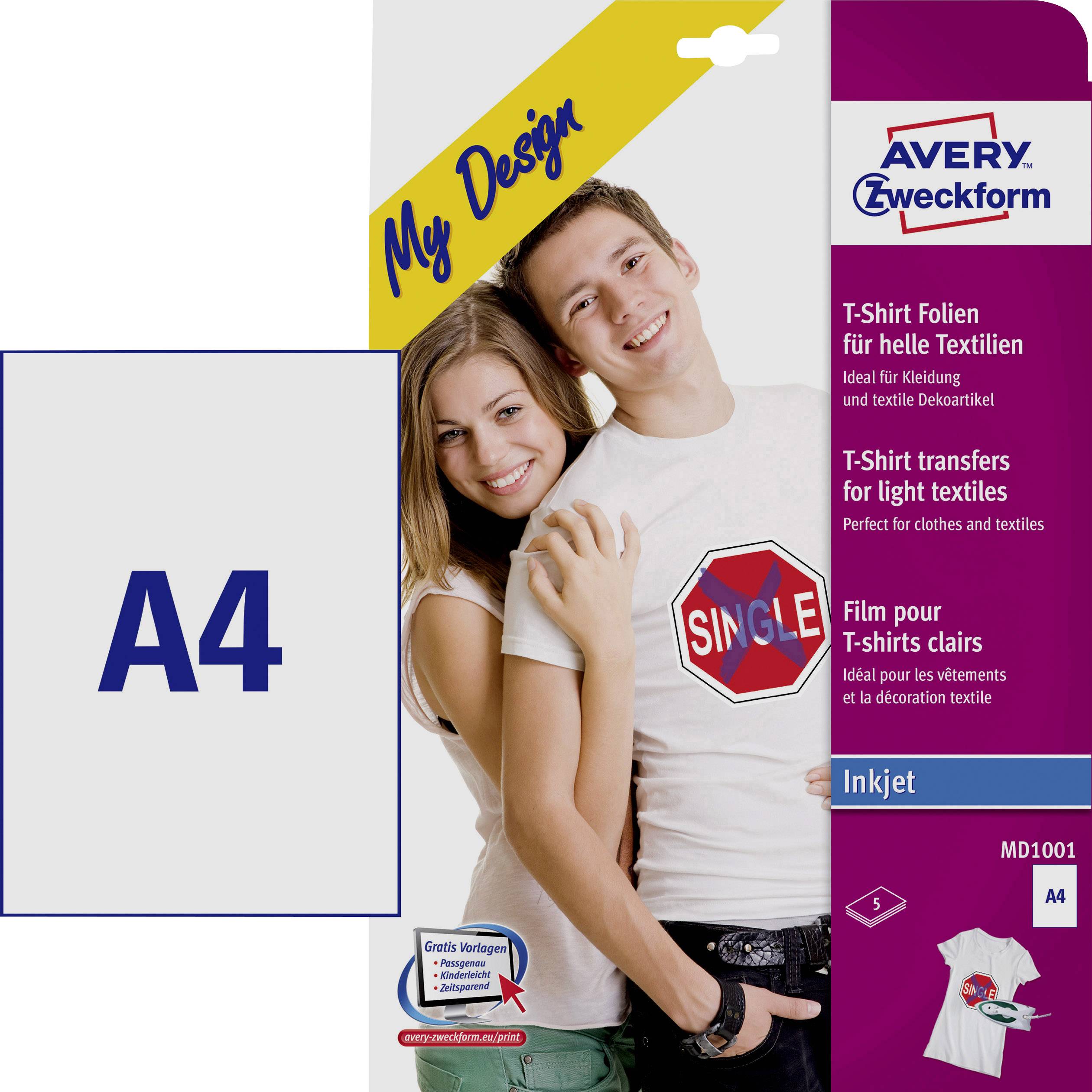 Junges Paar lächelt, trägt ein weißes T-Shirt mit 'Single'-Aufdruck. Verpackung für T-Shirt-Folien mit Avery Zweckform Logo 'A4'.