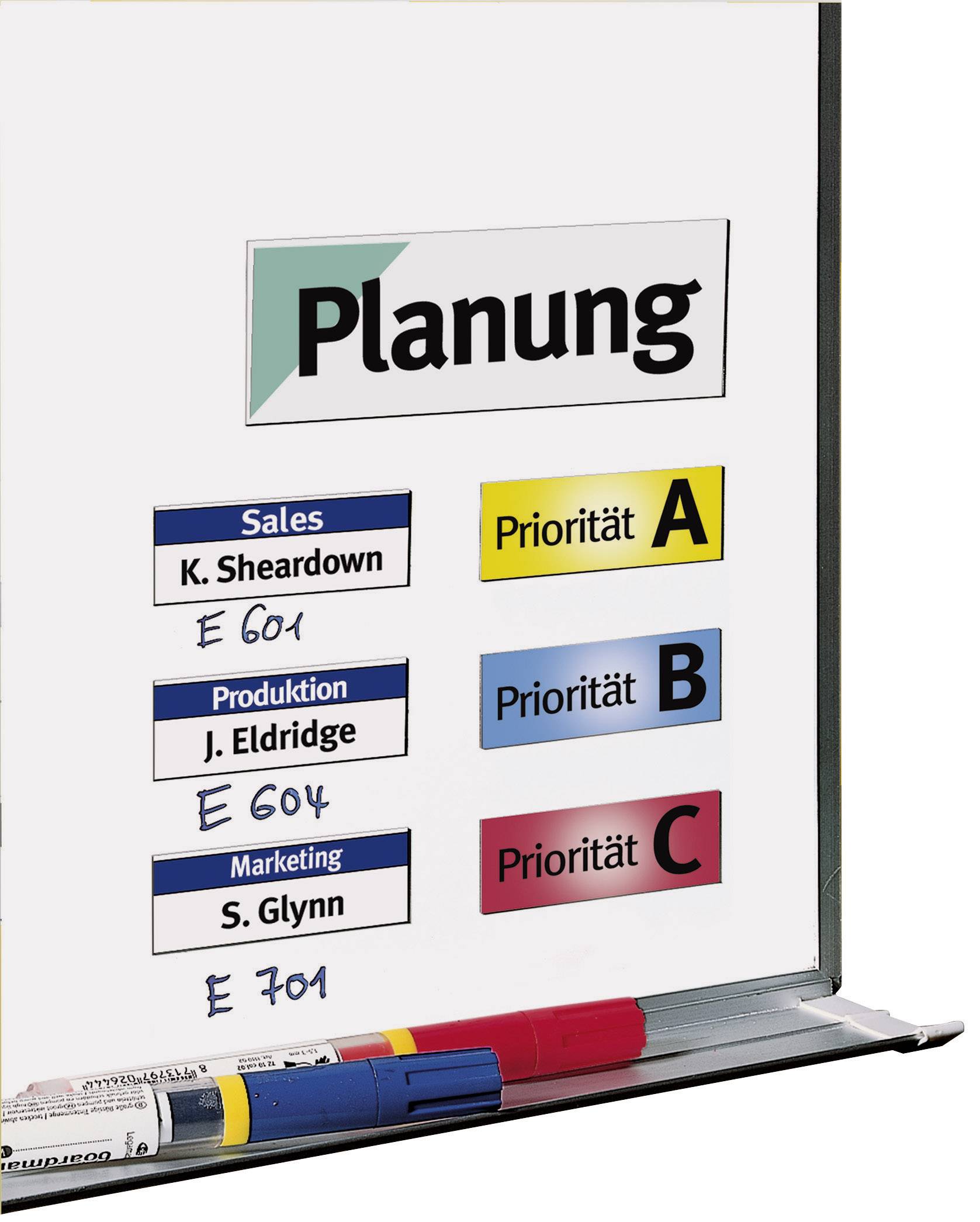 Eine Tafel mit 'Planung' zeigt drei Kategorien: 'Sales, Priorität A', 'Produktion, Priorität B', und 'Marketing, Priorität C'.