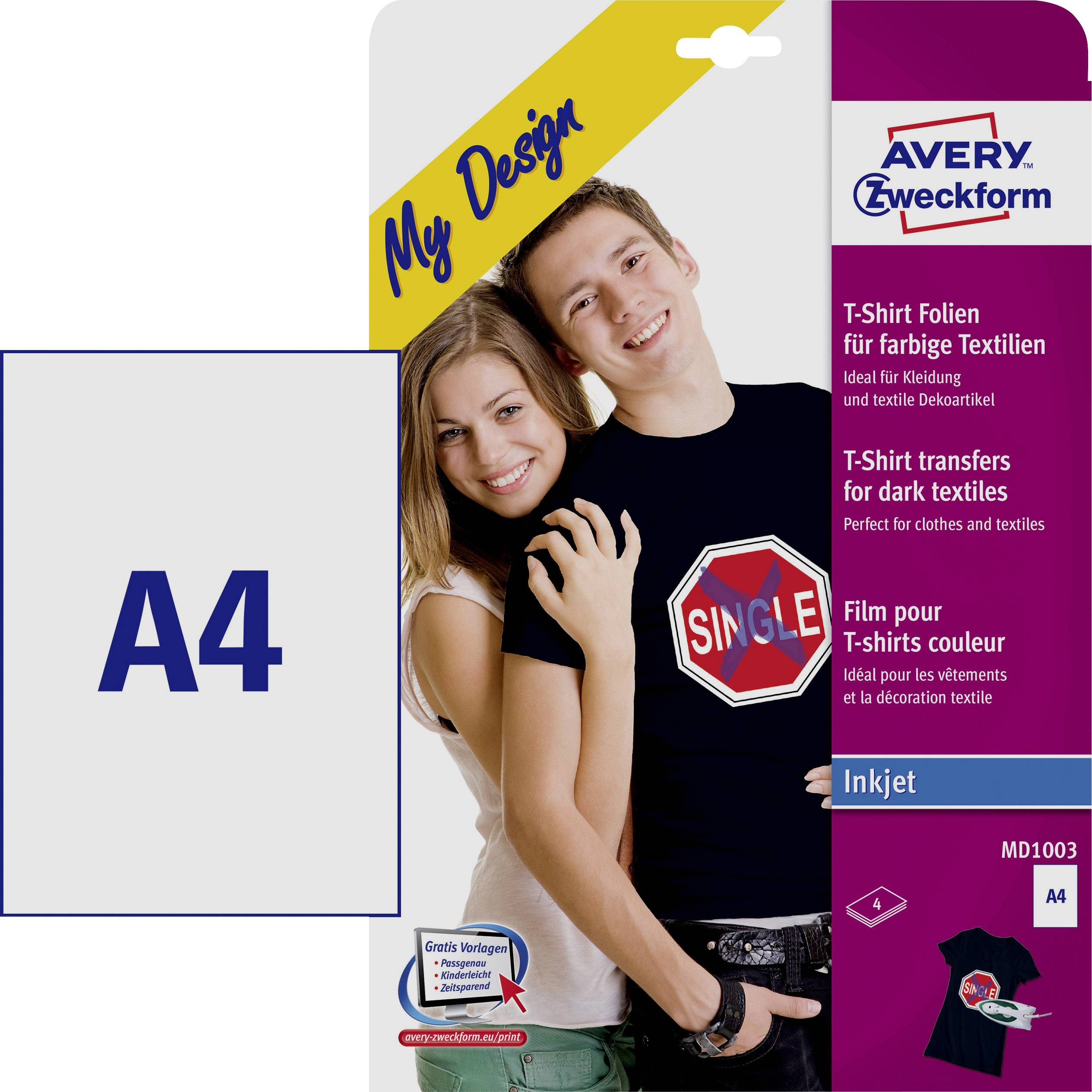 Eine Produktverpackung für T-Shirt-Transferfolie zeigt ein Paar, das individuell gestaltete T-Shirts präsentiert. Markenname: Avery Zweckform.