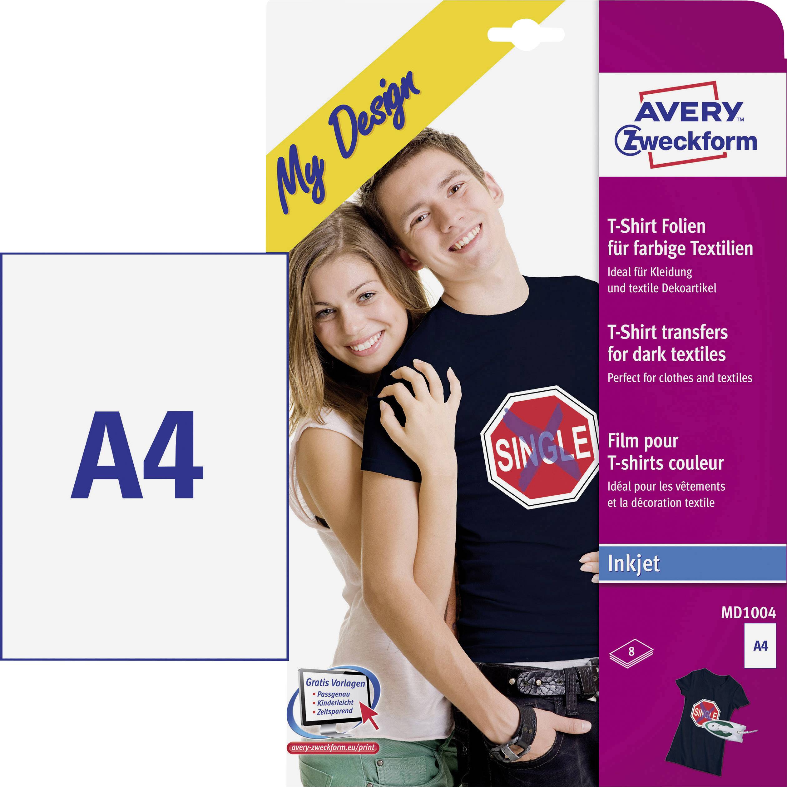 Avery-Zweckform My Design T-Shirt MD1004 Tintenstrahl Textilfolie DIN A4 für farbige Textilien, Opt