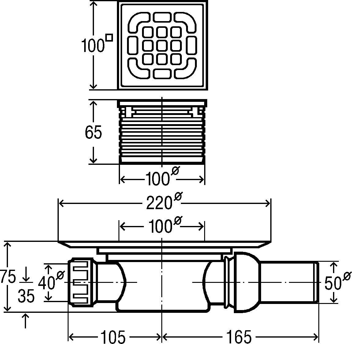 Viega Badablauf Advantix 4935.1 DN 50, KST gr, m Aufs. 100x100mm, Abl wa