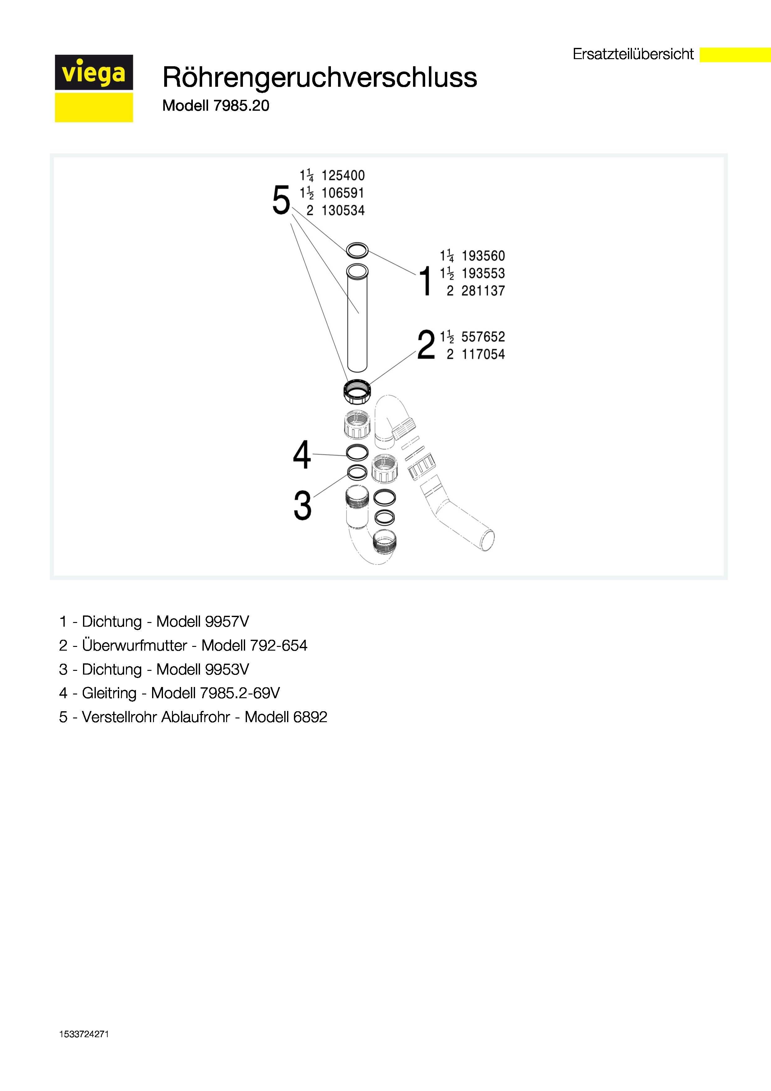 Viega Röhrengeruchsverschluss 7985.20 G 1 1/2xDN 50, Kst we, m 45Gr Ablaufbog.