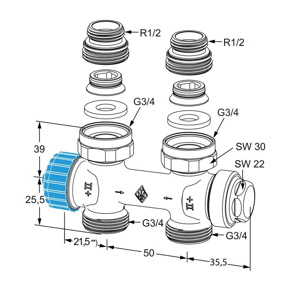 IMI Heimeier Ventil Multilux Einrohr Durchgang, für Rp 1/2" Innengewinde und G 3/4" Außengewinde