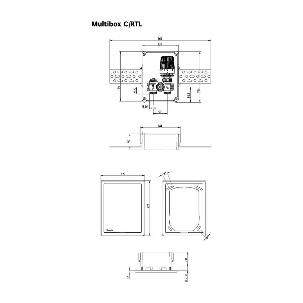 IMI Heimeier Unterputz-Kasten Multibox C/RTL, mit innenliegendem Rücklauftemperaturbegrenzer, Einbautiefe 60mm, G 3/4",