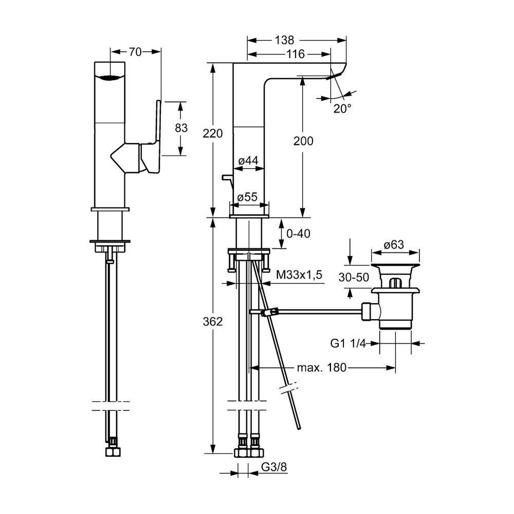 Hansa Ligna Einhebelmischer Waschtischbatterie, Zugstangen-Ablaufgarnitur, Ausladung 116mm, DN 15, Chrom, 55302203