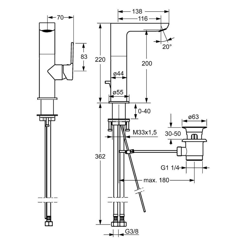 Hansa Ligna Einhebelmischer Waschtischbatterie, Zugstangen-Ablaufgarnitur, Ausladung 116mm, DN 15, Chrom, 55302203