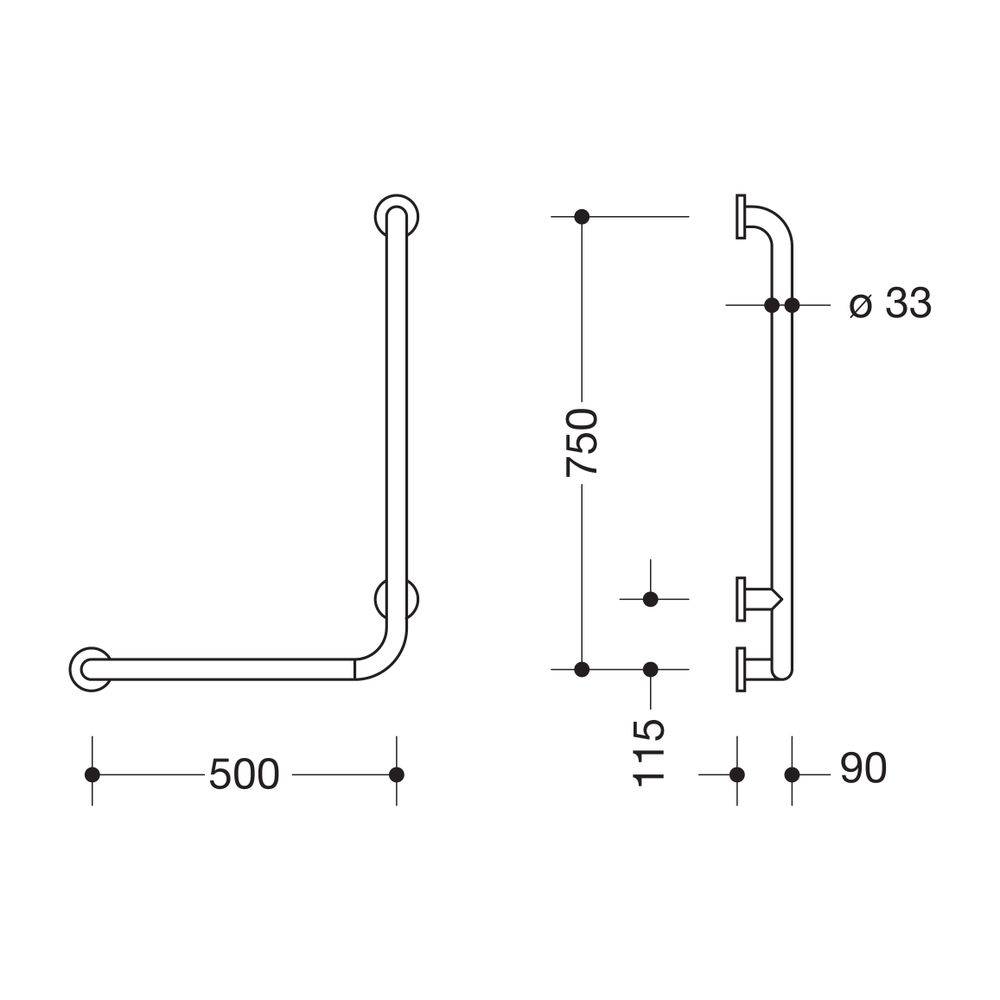 HEWI Winkelgriff Serie 805 Edelstahl, D 33mm, 750x500mm links