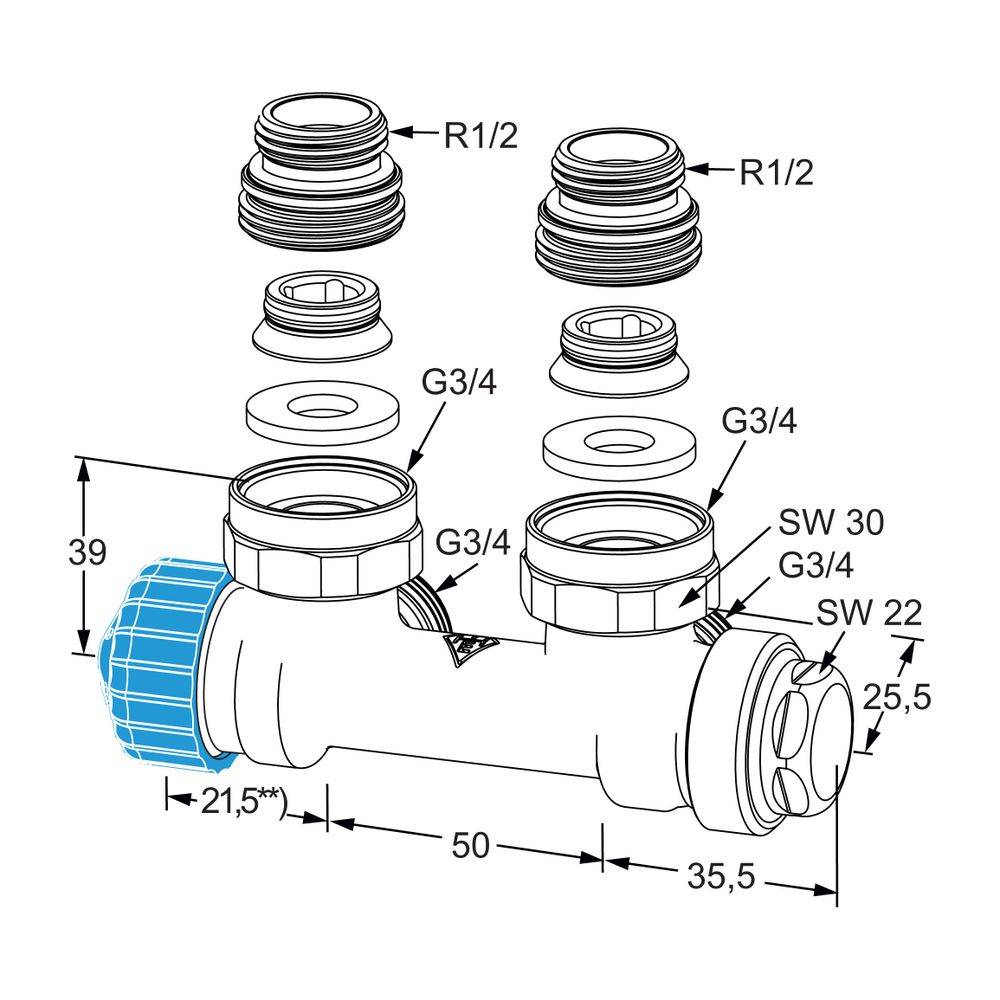 IMI Heimeier Ventil Multilux Einrohr Eck, für Rp 1/2" Innengewinde und G 3/4" Außengewinde