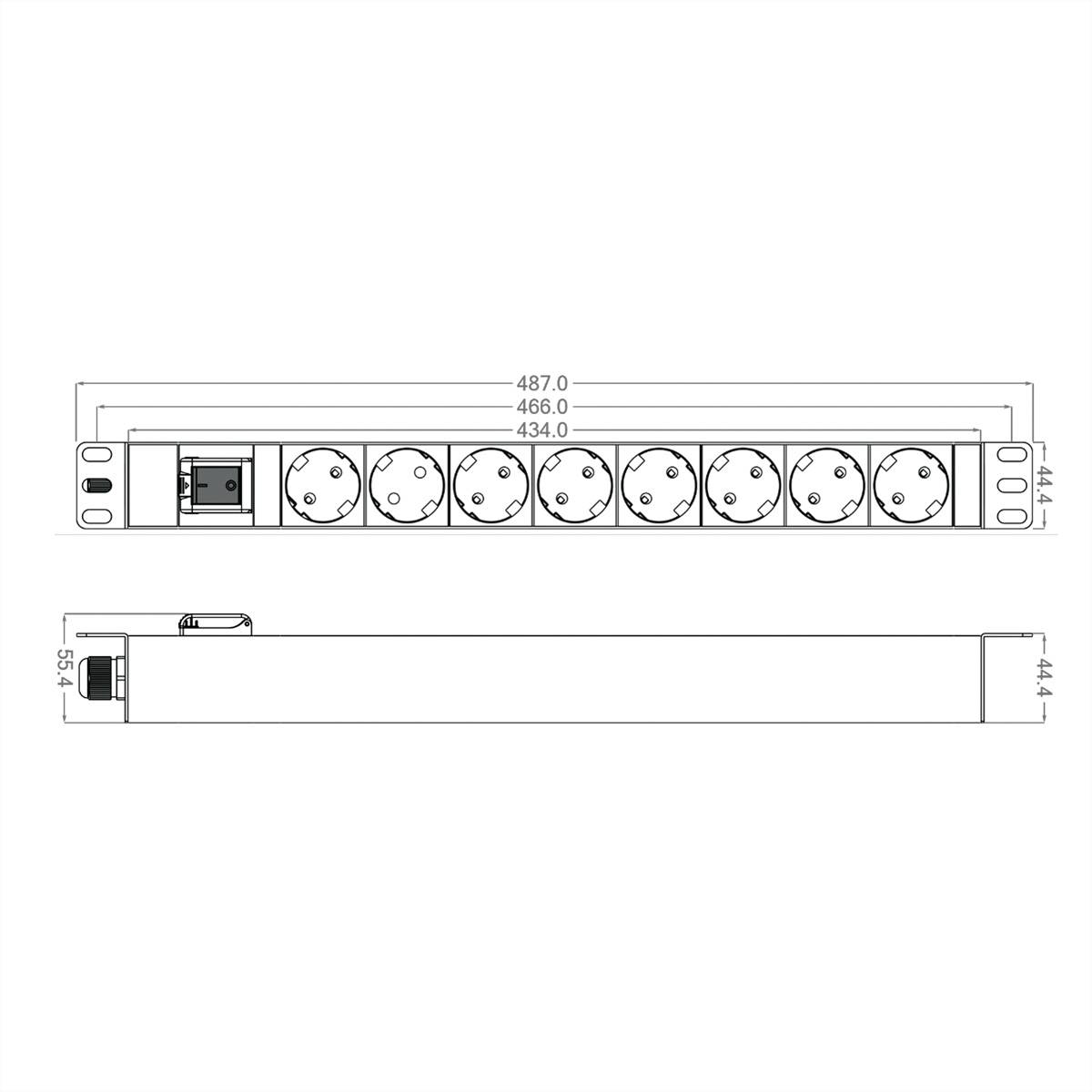 Roline 19-Zoll-Steckdosenleiste 8fach, mit Ein-/Aus-Schalter, schwarz, 2m