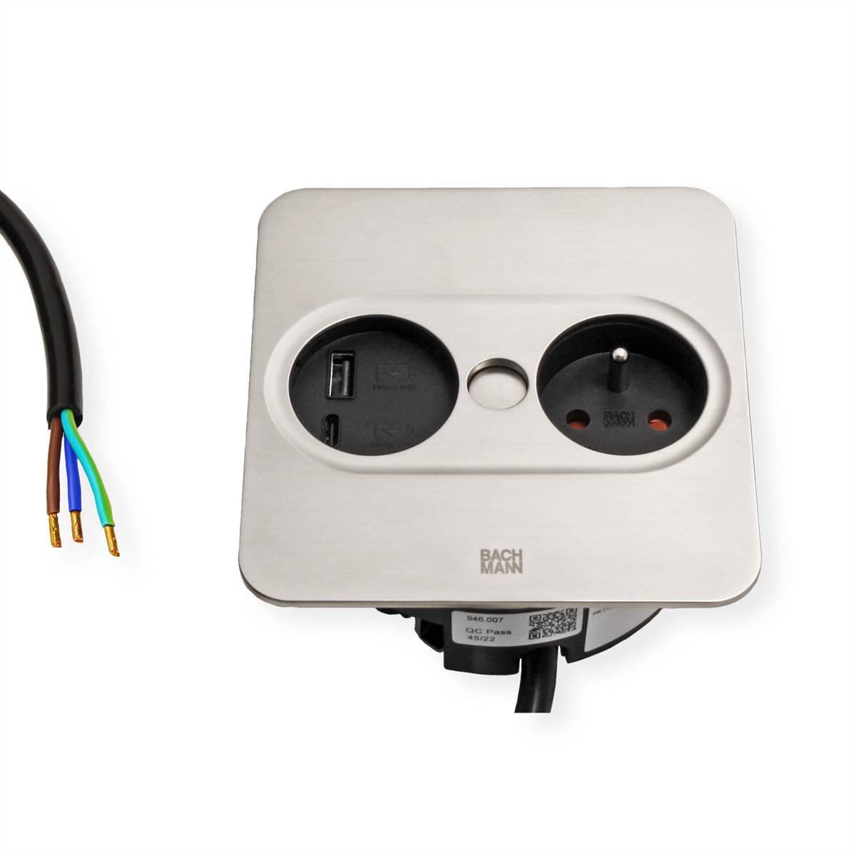 BACHMANN TWIST 2 1xUTE 1xUSB A/C 22W 2,0m AEH Edelstahl-Optik eckig