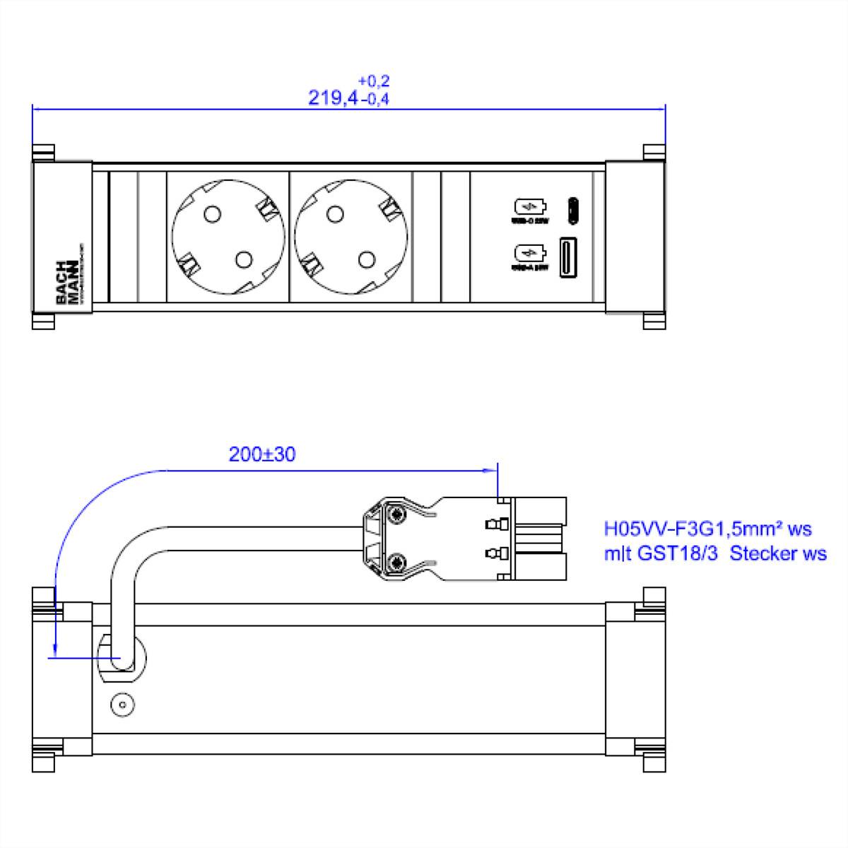 BACHMANN POWER FRAME 2xCEE7/3 1xUSB A/C 22W 0,2m GST18