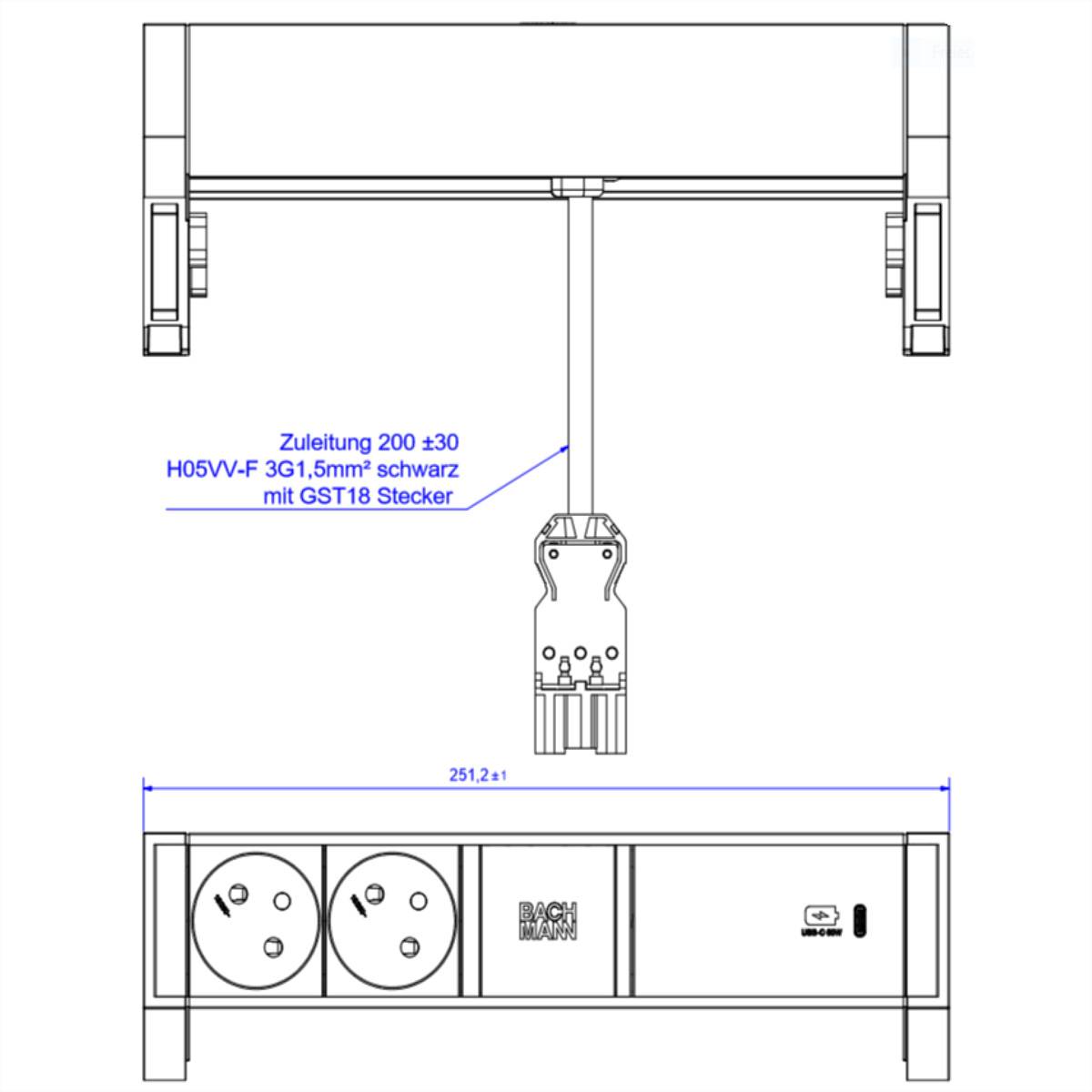 BACHMANN DESK2 ALU BLACK 2xUTE 1xUSBC 60W 0,2m GST18