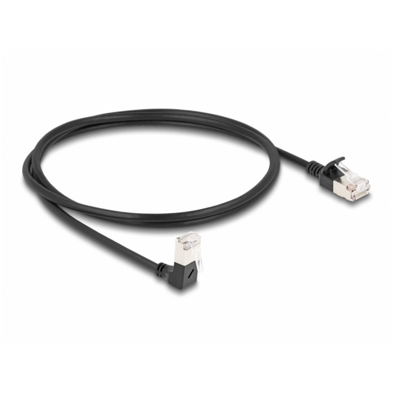 Delock RJ45 Netzwerkkabel Cat.6A S/FTP Slim 90° unten gewinkelt / gerade 1 m