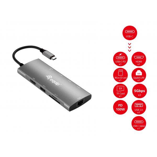 Equip Dock USB-C->HDMI Gigabit LAN USB3.0.100WPD SD/TF 0.25m - Grau
