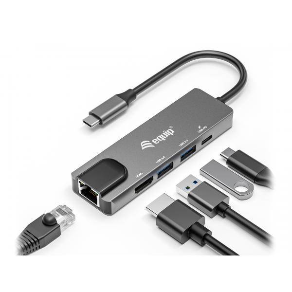 Equip Dock USB-C->HDMI Gigabit LAN 2xUSB3.0.100WPD 0.25m - Grau