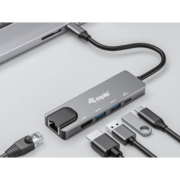 Equip Dock USB-C->HDMI Gigabit LAN 2xUSB3.0.100WPD 0.25m - Grau