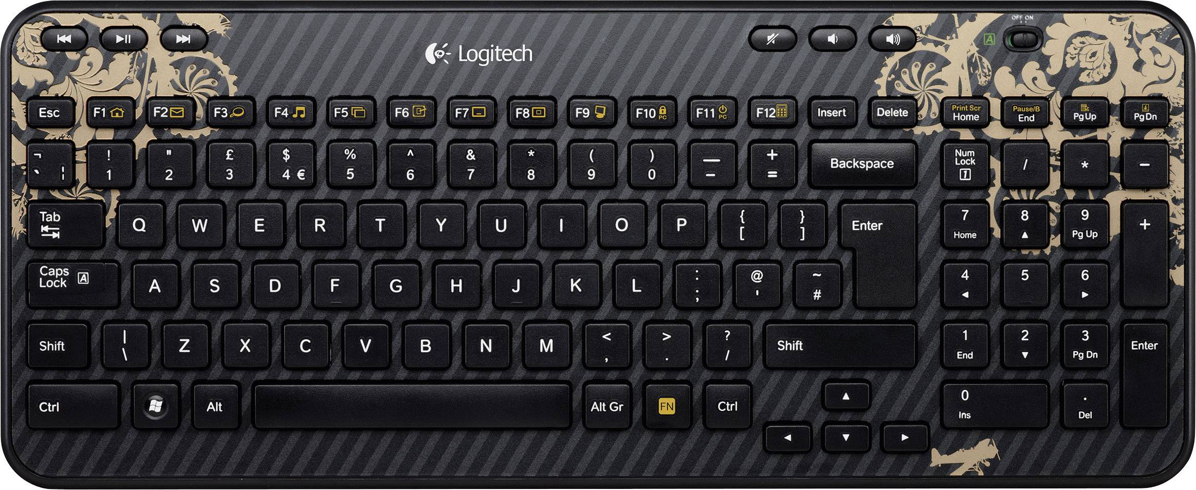 Logitech K360 Wireless Keyboard Victorian Wallpaper Funk Tastatur Deutsch, QWERTZ Schwarz, Gold