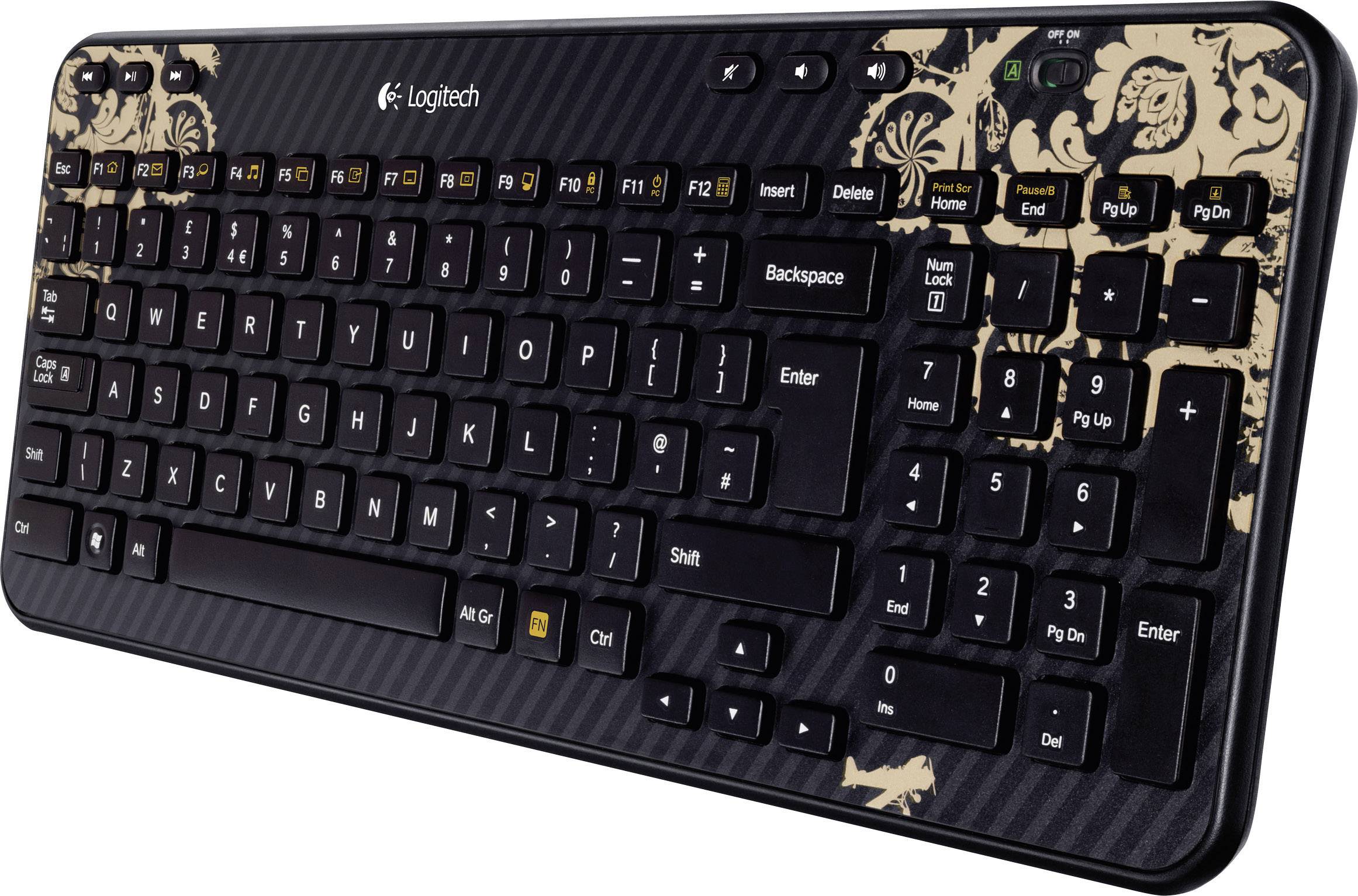Logitech K360 Wireless Keyboard Victorian Wallpaper Funk Tastatur Deutsch, QWERTZ Schwarz, Gold