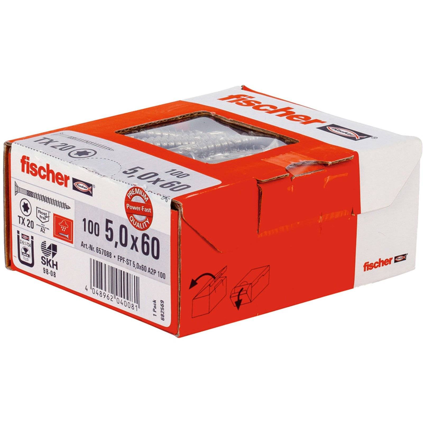 Fischer 100x Power-Fast 5 x 60 Senkkopf nicht rostender Stahl A2 Teilgewinde Innenstern TX - 657088