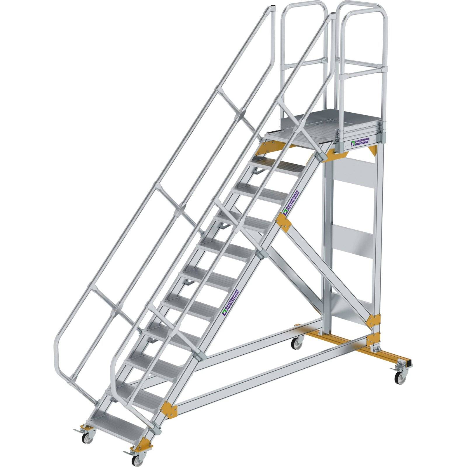 Plattformtreppe 45° fahrbar Stufenbreite 600 mm 11 Stufen Aluminium geriffelt