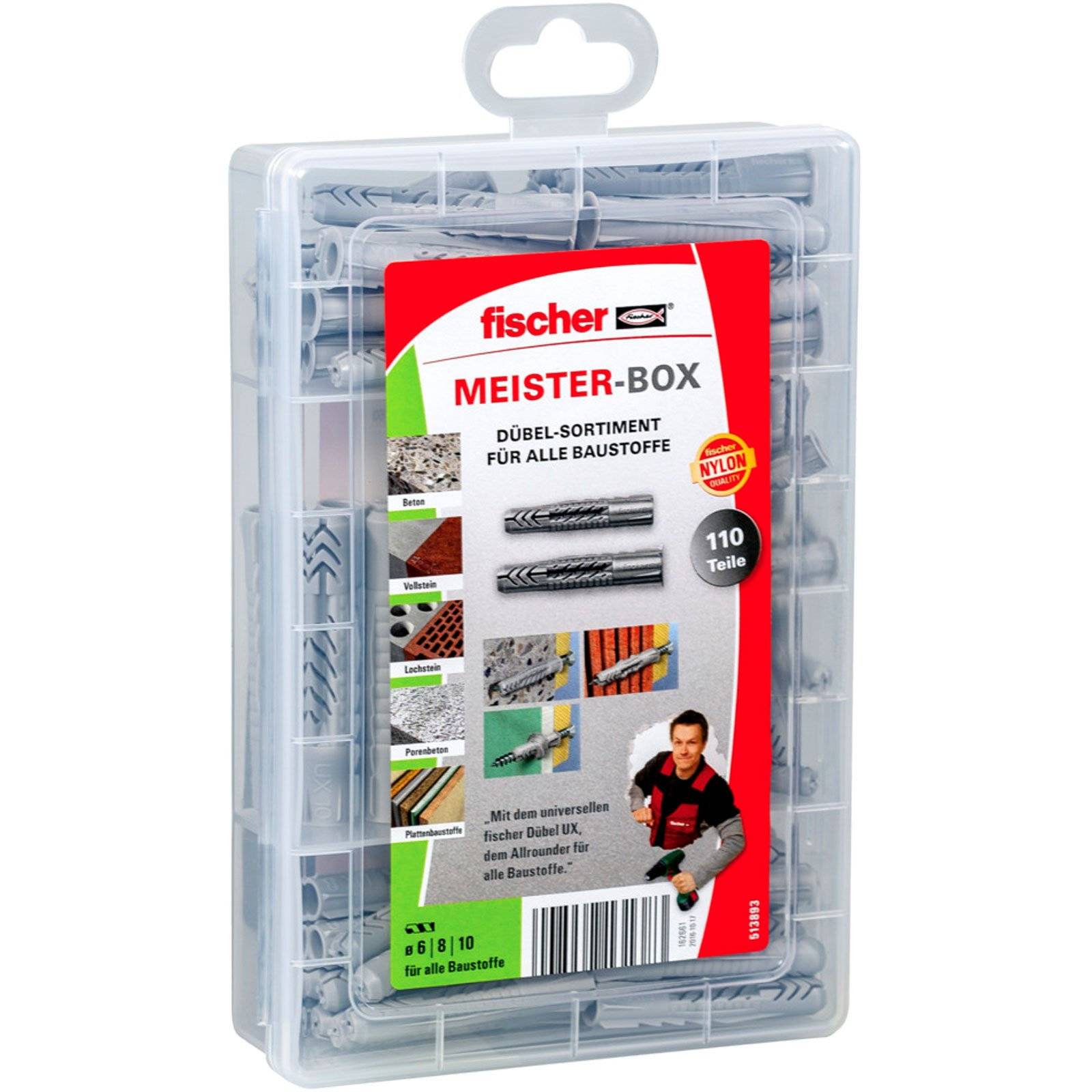 fischer MEISTER-BOX UX/UX R, Spreizdübel, Beton, Metall, Kunststoff, Grau, 110 Stück(e), Box