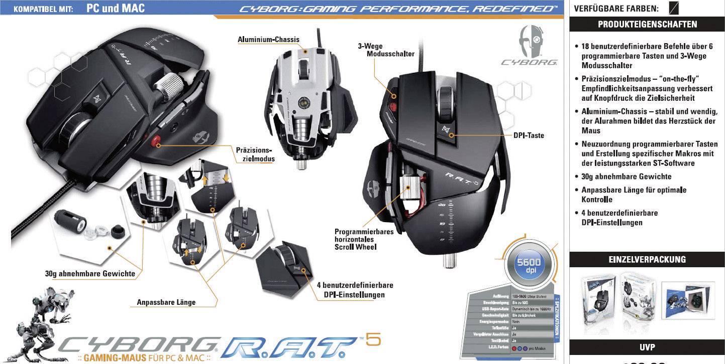 MadCatz R.A.T.5 Gaming-Maus USB Laser Schwarz 6 Tasten 5600 dpi Gewichts-Tuning, Anpassbare Länge