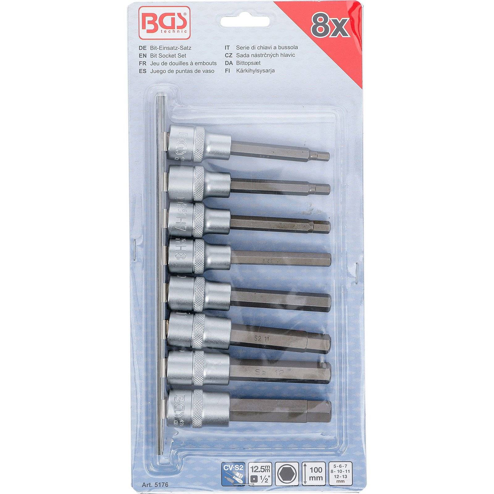 BGS Bit-Einsatz-Satz Antrieb Innenvierkant 12,5 mm (1/2") Innensechskant 5 - 13 mm 8tlg. - 5176