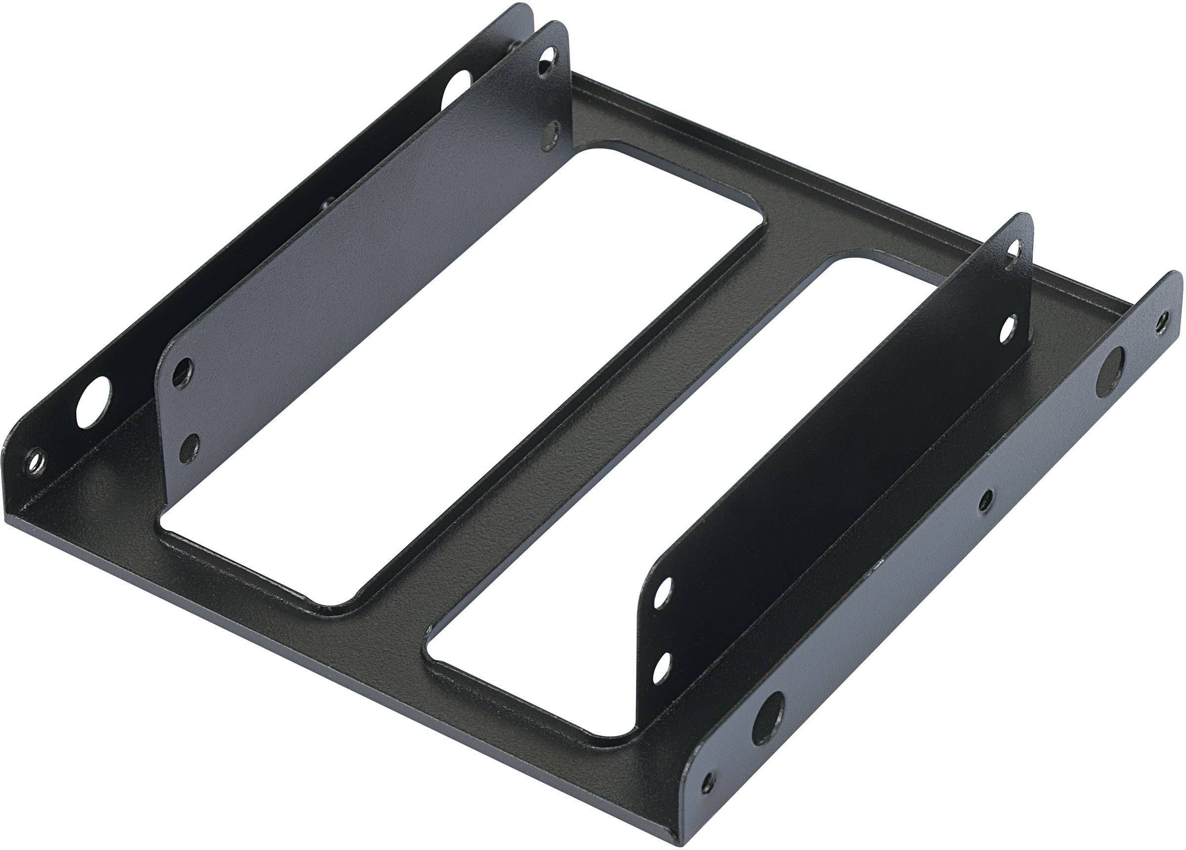 Schwarze Metallhalterung für den Einbau von Festplatten in einem Computergehäuse, passend für Standard-3,5-Zoll-Slots.