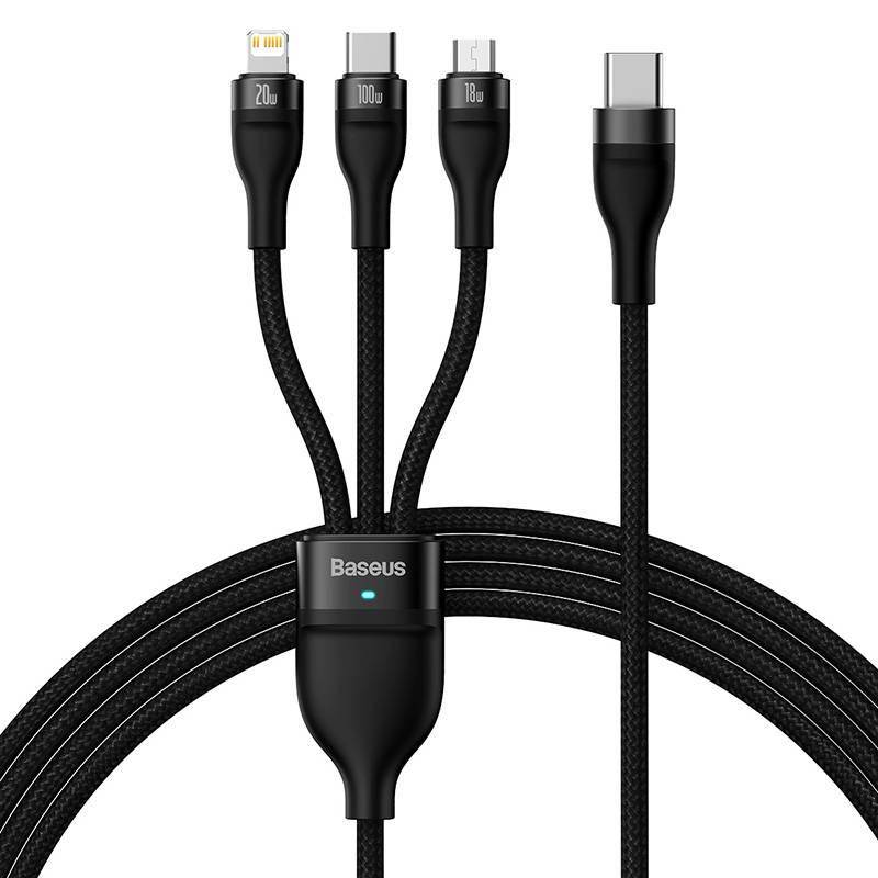 3in1 USB-Kabel Baseus Flash Series 2, USB-C + micro USB + Lightning, 100W, 1,5m (schwarz)
