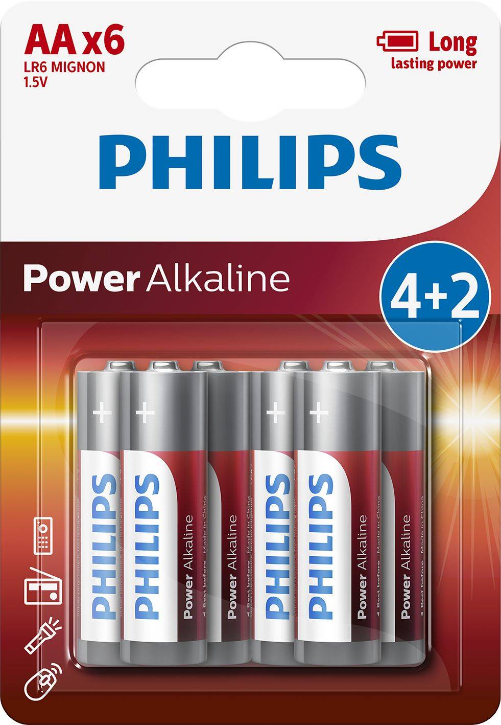 Philips Power Alkaline Akku LR6P6BP/10, Einwegbatterie, AA, Alkali, 1,5 V, 6 Stück(e), 14 mm