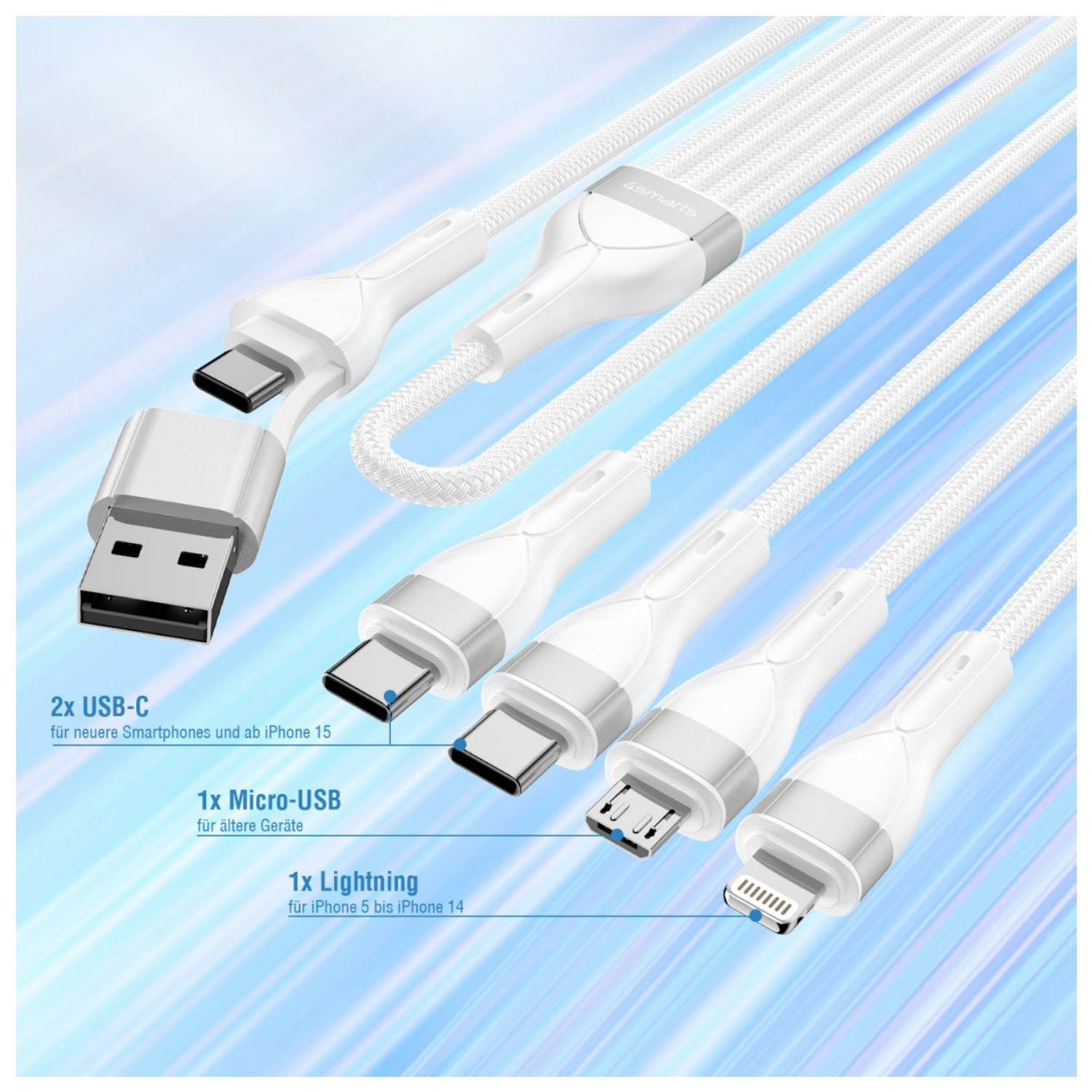 4smarts USB-C/A Multi-Ladekabel 4in2 1,2m, weiß