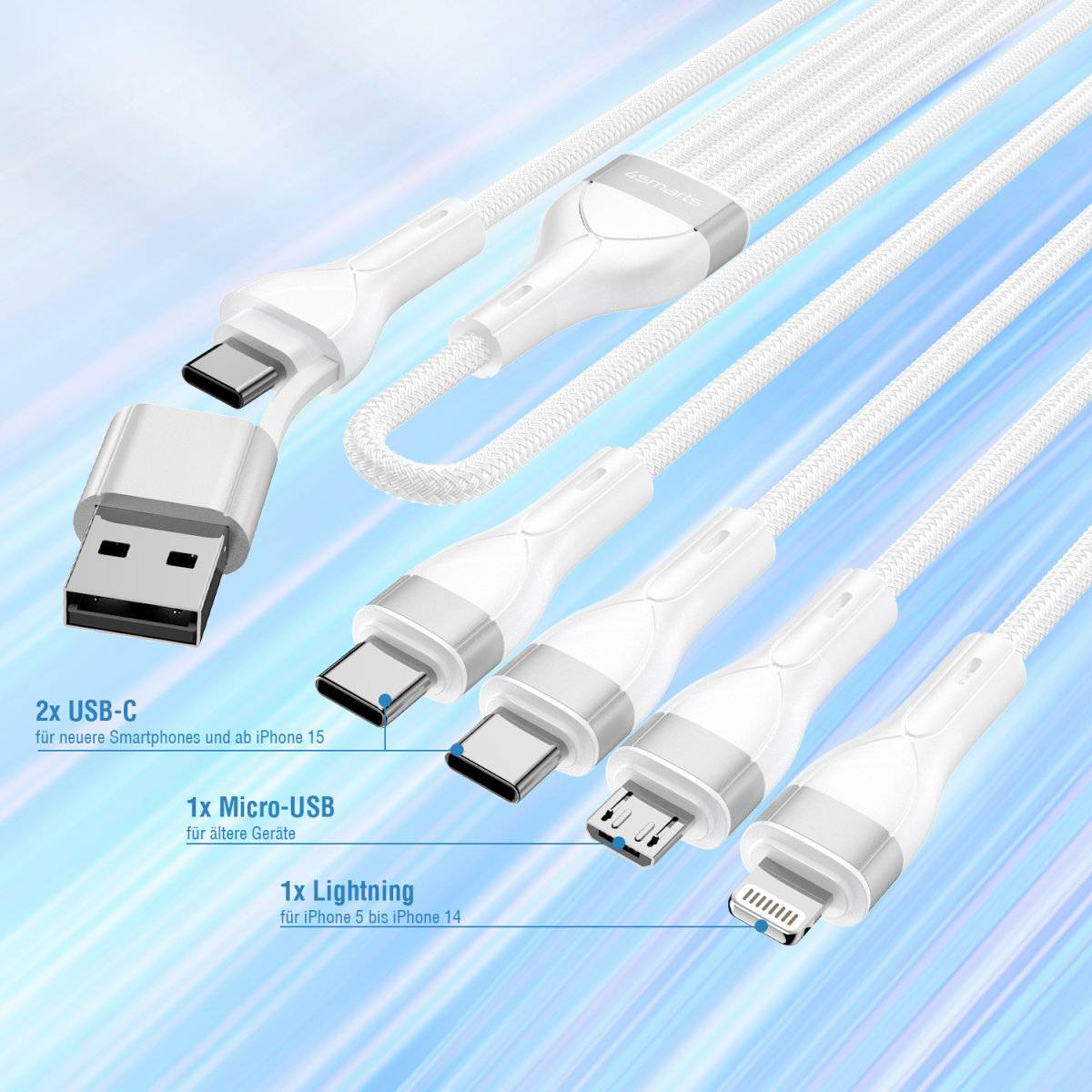 4SMARTS - 4in2 USB-C Multi-Ladekabel 1.2m weiß - Kabel - Digital/Daten