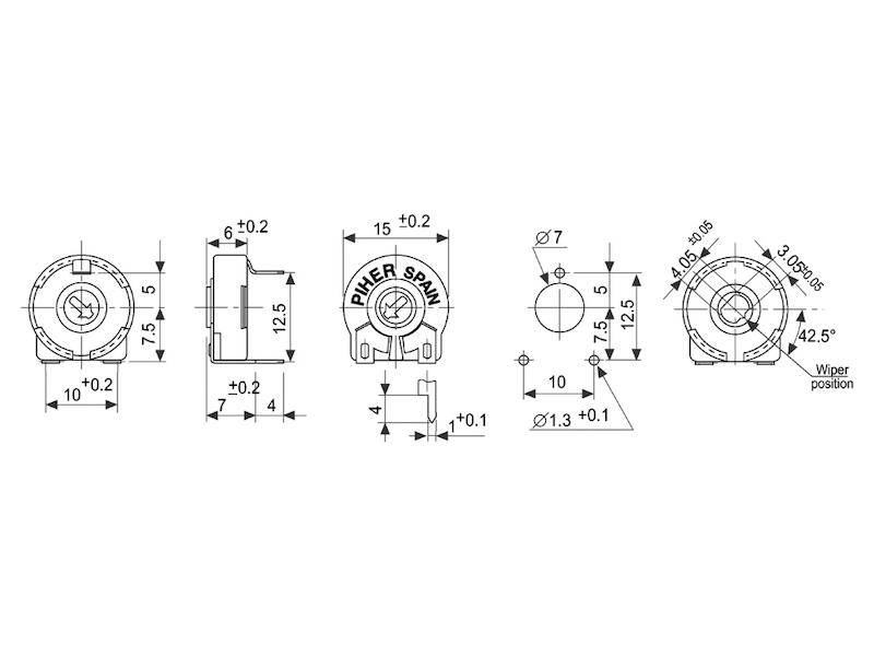 PIHER Kohleschicht-Trimmer liegend PT-15 5 kΩ ± 20% 250 V 0,25 W
