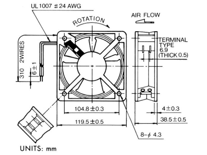 SUNON Lüfter Gleitlager 230 Vac 120 x 120 x 38 mm mit Flachstecker 2,8 mm schwarz