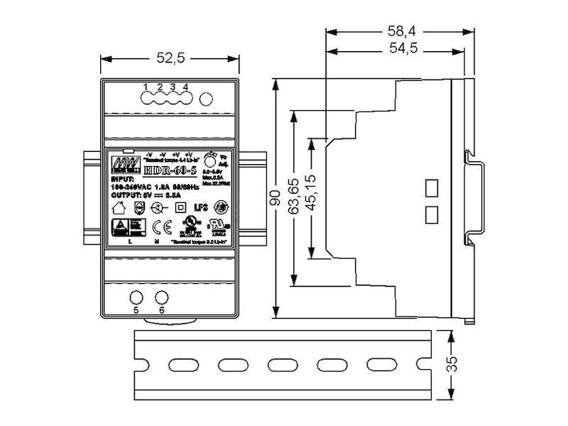 Mean Well Schaltnetzteil Serie HDR-60 60 W 24 V 2,5 A für DIN Schiene