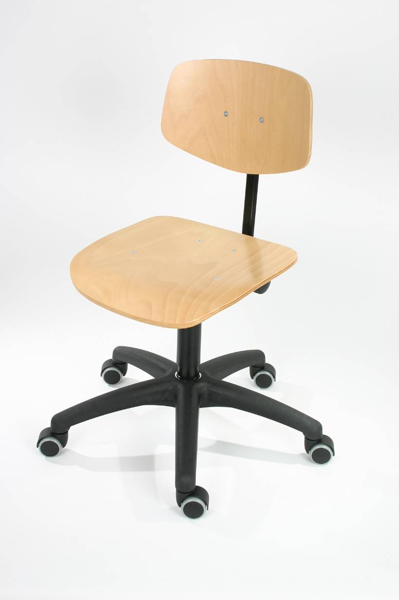 Arbeitsstuhl Modell 6162, 420-620mm, Rollen, Sicherheitsgasfeder, Buche-Sitz, Sitz Buche