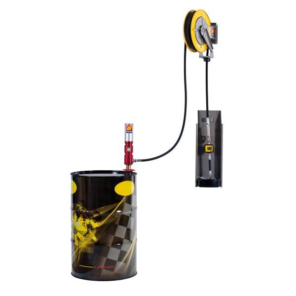 Wandmontierte Ölanlage, für Fässer 180-220l, Pneumatischepumpe 5:1, 28l/min, Schlauch 10,0m