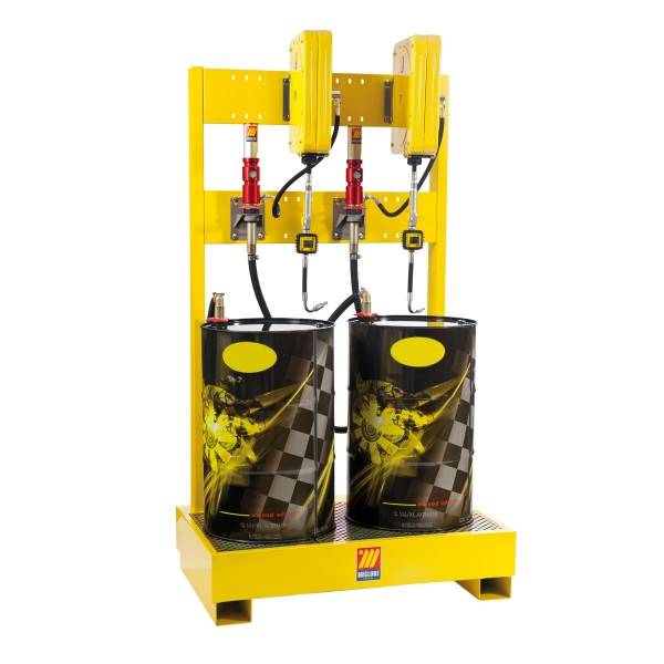 Komplettes Ölsystem mit Wanne und Wand, 1350x850x2450mm, Pumpe 5:1 28l/min, für 2 Fässer