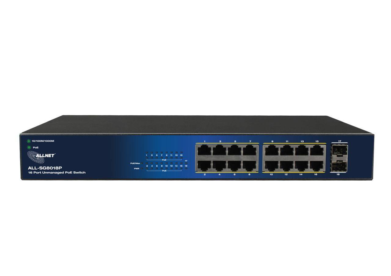 ALLNET Switch unmanaged Layer2• PoE Budget 240W• 16x at• 2x SFP• 19"• - Switch