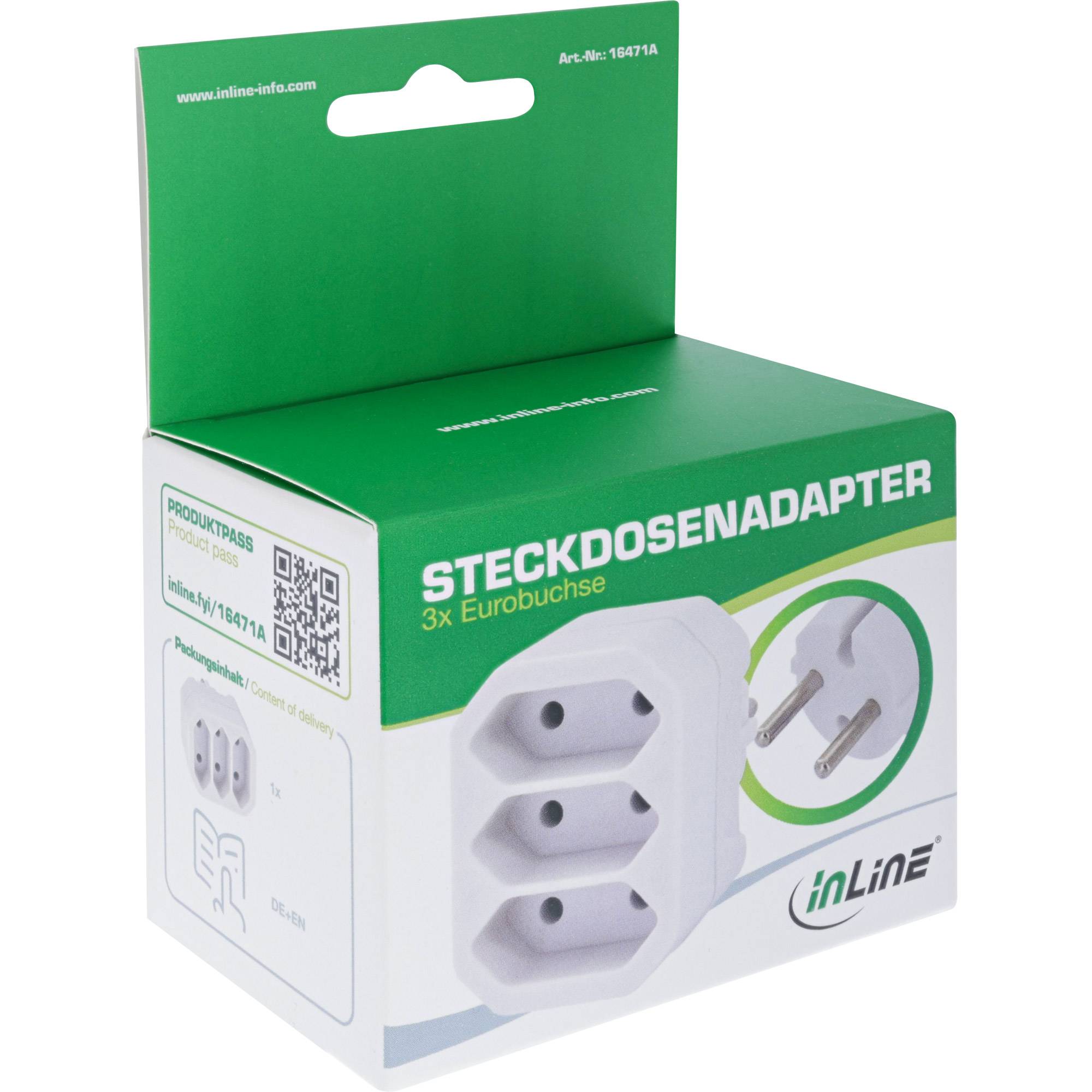 InLine® Steckdosenadapter, Schutzkontakt Stecker an 3x Eurobuchse, weiß Strom / Energie / Licht