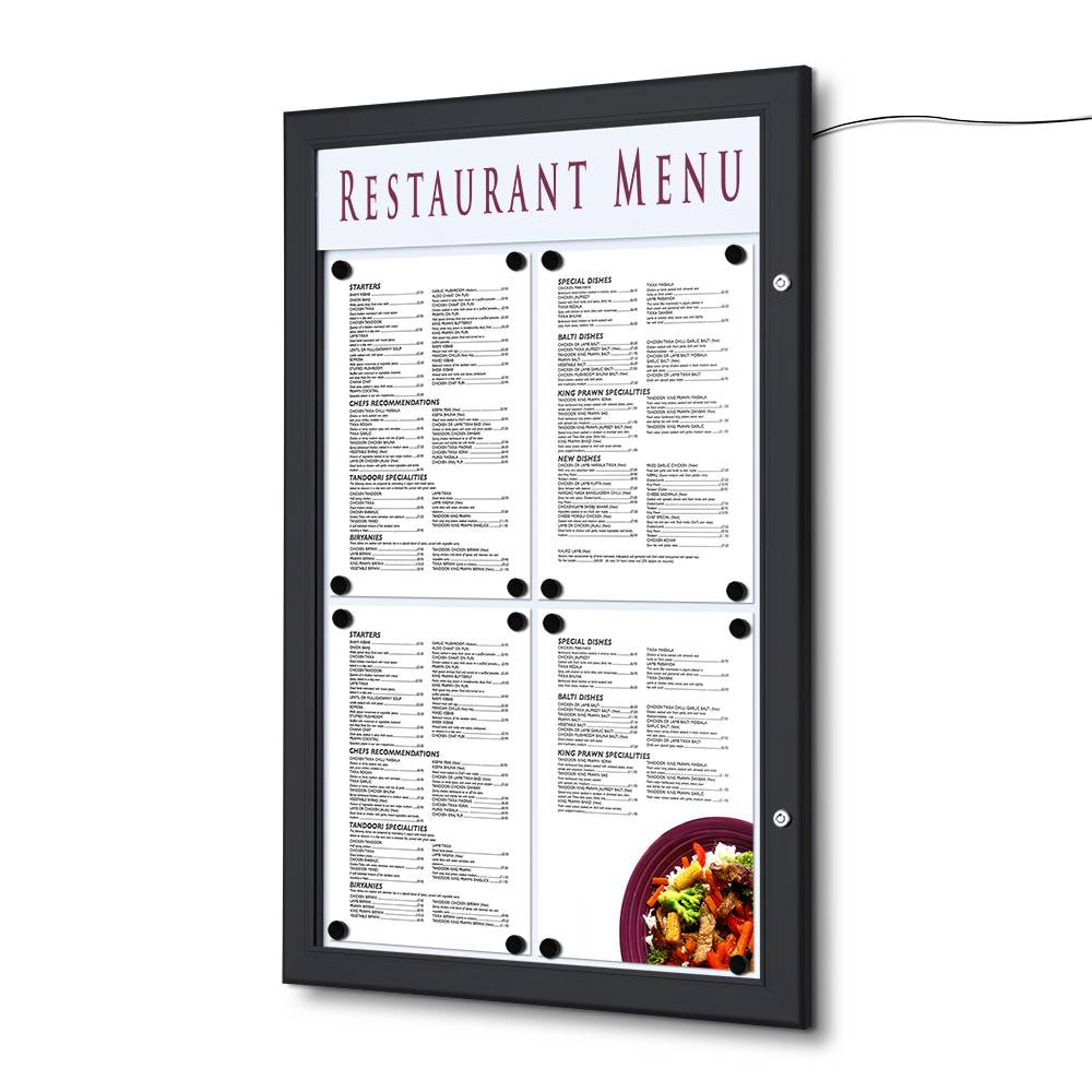 Showdown Speisekarten Schaukasten LED Outdoor - 4x DIN A4 - Aluminium / Stahl - Schwarz