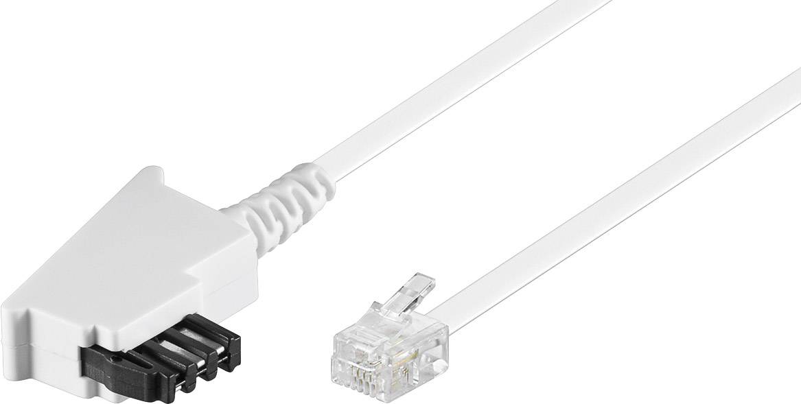 Weißes Telefonkabel mit TAE-Stecker links und RJ11-Stecker rechts, oft verwendet für den Anschluss von Telefonen oder Modems.
